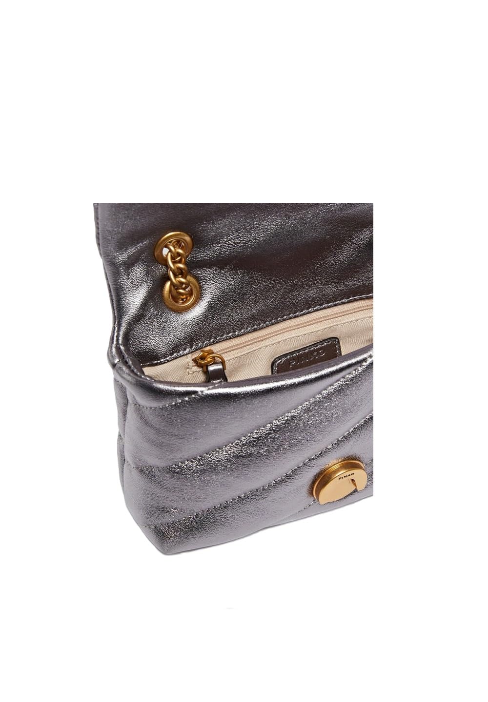 Pinko Love Baby Puff Borsa a Tracolla Trapuntata in Pelle Laminata, Antracite, 18 x 12.5 x 6.5 cm, con Chiusura a Patta e Tracolla Regolabile in Catena