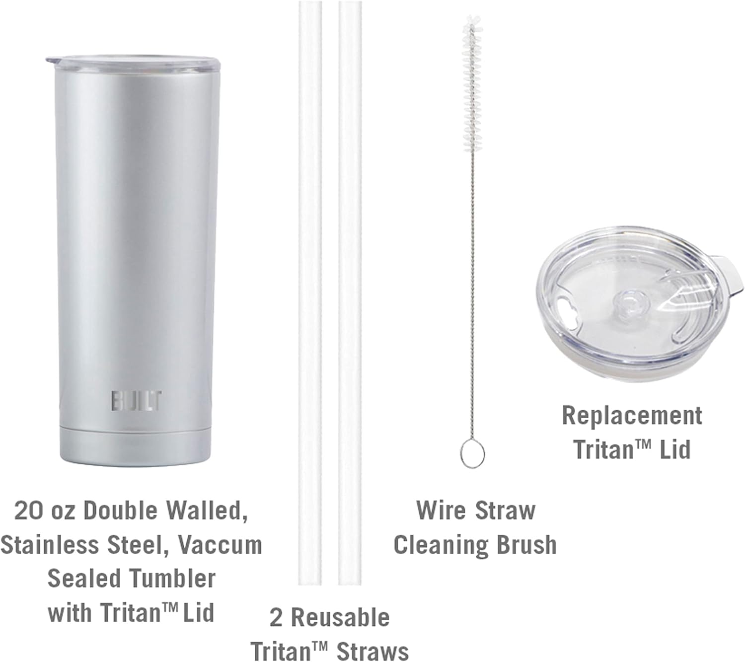 BUILT Double Walled Stainless Steel Tumbler Set with Replacement Lid, 2 Reusable Tritan Wire Straw Cleaning Brush in Gift Box, 20-ounces, Cerulean - Image 3