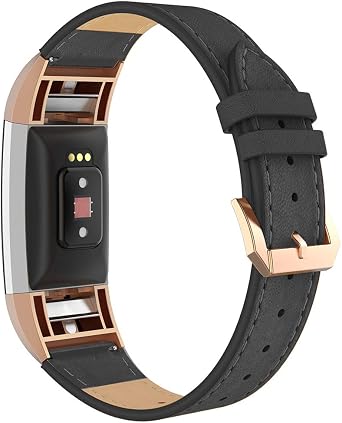 Simpeak Leather Band Compatible with Fitbit Charge 2 Only, Genuine Leather Wristband Strap Replacement for Fitbit Charge2, Black Band+Rose Gold Adaptor
