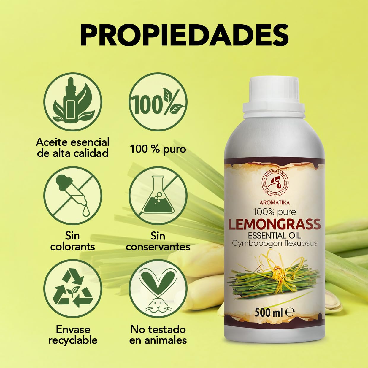 Aceite Esencial de Hierba de Limón 500 ml - Cymbopogon Flexuosus - Natural y Puro - Aceites Esenciales para Difusores - Fragancias para el Hogar - Jabones y Velas - Sauna - Aroma fresco - Aromaterapia
