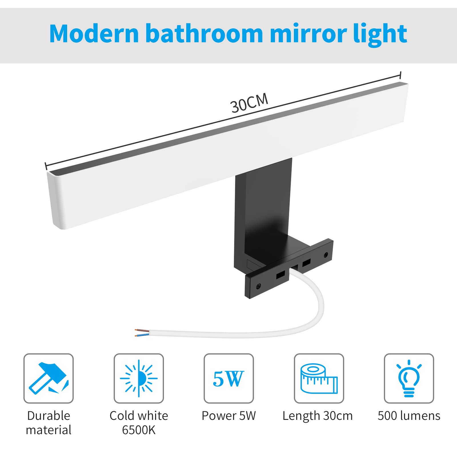 Aourow Lampada Specchio Bagno 5W,300mm 500lm Luce Bagno LED,Bianco Freddo 6500K e Resistente all'acqua IP44 Luci Specchio CLASSE II per Armadietto a Specchio(Nero)