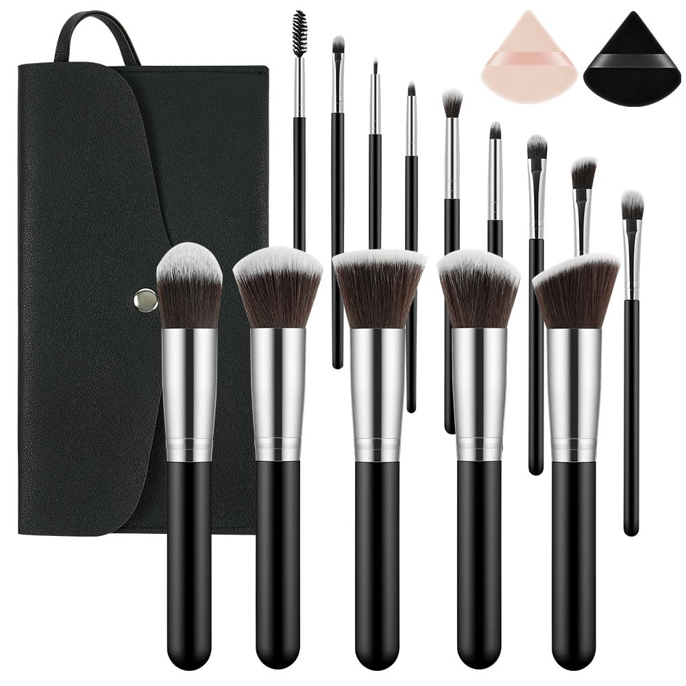 LOPHE Brochas de Maquillaje Profesional, Set 14+3 Piezas Brocha Maquillaje, Pinceles Sintéticos para Cara y Ojos, Cerdas Suaves, Kit Brochas con 2 Soplos de Polvo y Bolsa de Viaje (Negro Plata)