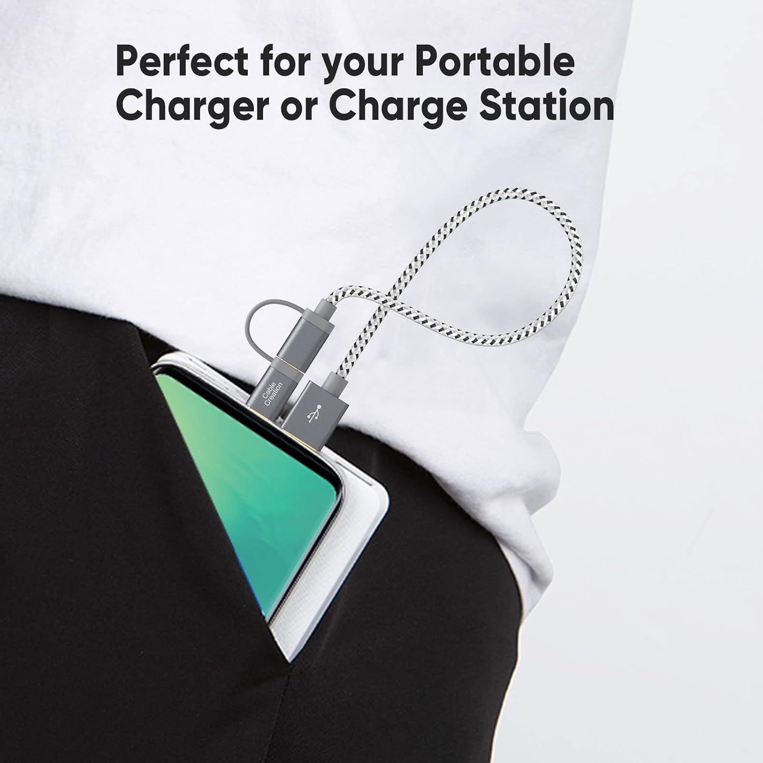 CableCreation 2 in 1 USB C Cable 0.8ft, Braided Micro USB + USB C to USB A Fast Charge Cord Compatible with Galaxy S22 Ultra Note 8, Pixel XL, Android & USB-C Devices, 0.25 M/Space Gray