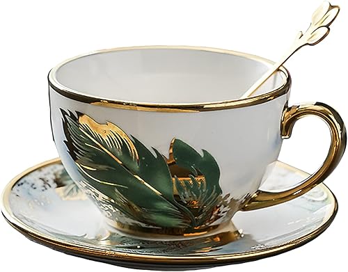 Tazas de té de cerámica con mango dorado, juego de tazas de café expreso con patrón de plumas vintage con platillo y cuchara, 7.74 onzas, estilo 1