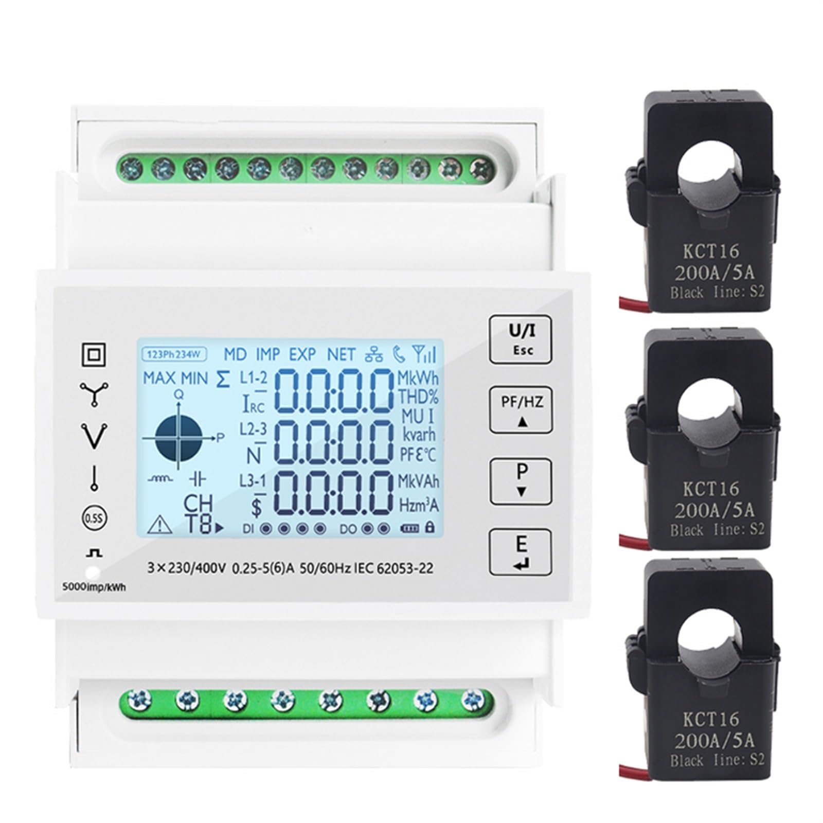 Szyna DIN 3-fazowy miernik zużycia energii miernik mocy Kwh amperomierz z 3 szt. RS485 Modbus 50/100/15/200CT 230VAC 1 szt. (kolor: miernik 3 szt. 200 A CT)