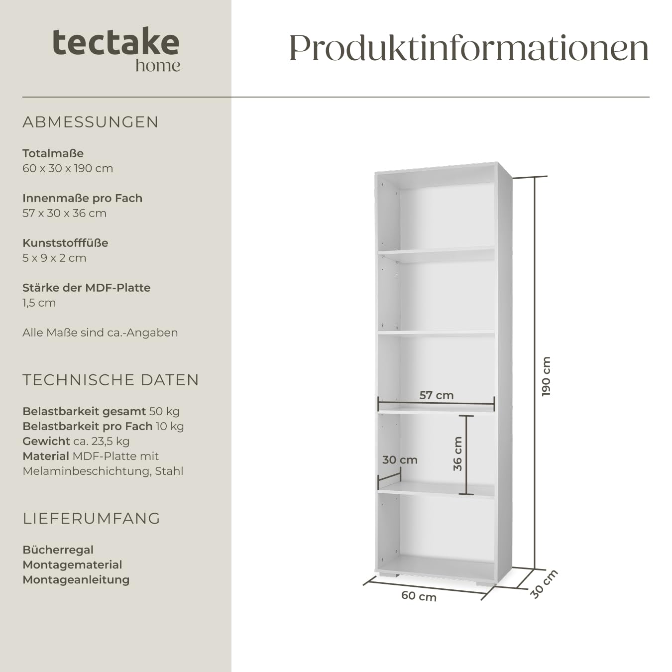 tectake® Bücherregal, Regal Holz, Standregal mit 5 offenen Fächern für Bücher, CD Regal, als Wohnwand Wohnzimmer, Home Office oder Büro, als Küchenregal oder Kinderregal - weiß