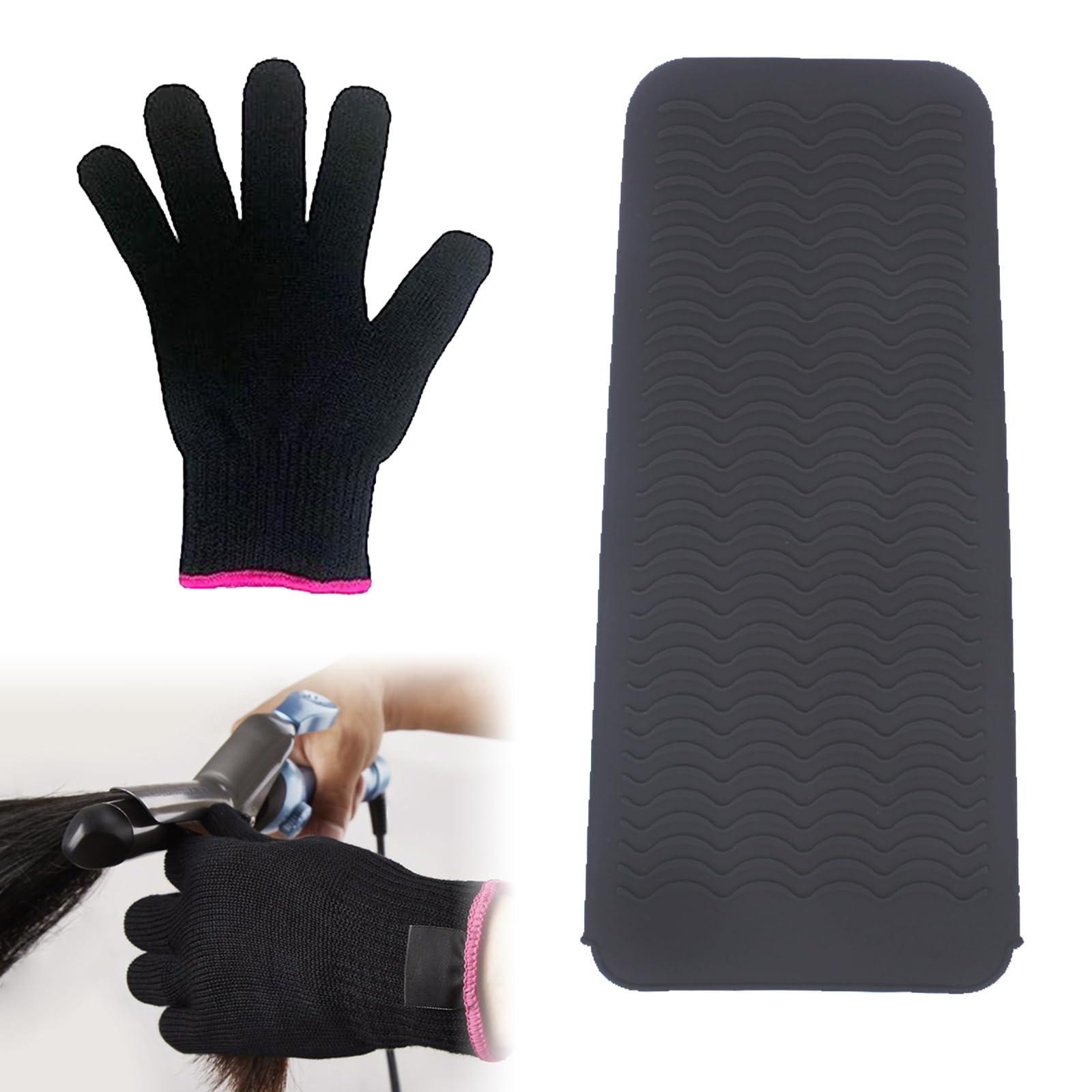 Tokaneit Gants Résistants à la Chaleur,Gants de Coiffure Résistants à la Chaleur,Coussin D'isolation Thermique en Silicone,Coussinets Isolants,Coussinet en Silicone et Gants de Coiffure 2 Pièces
