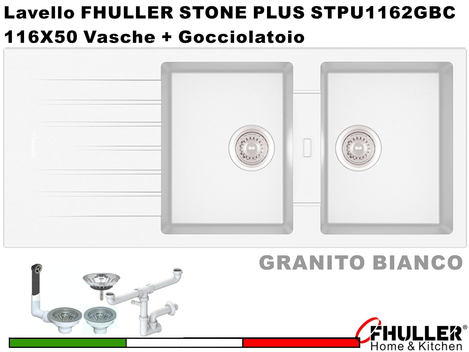 Lavello Incasso GRANITO Bianco FHULLER STPU1162GBC 116X50 2 Vasche H 20 + Gocciolatoio REVERSIBILE Base Minimo 80, FORO 114x48. Di Serie piletta 3,5 Sifone Composito Ultramaterico Fragranite Granitek