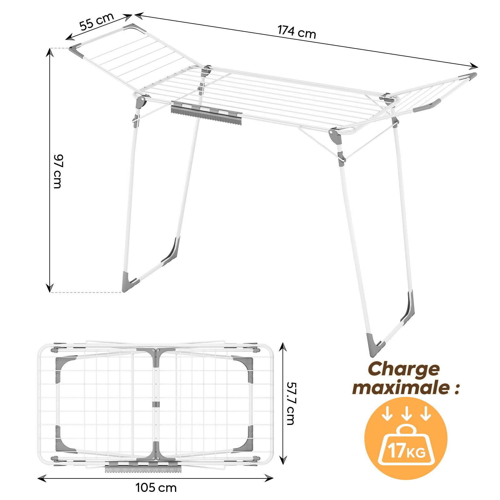 KINGBOARD Séchoir à linge pliable grand, étendoir à linge extensible 174x97x156 cm, Séchoir à linge stable avec pieds antidérapants, Séchoir à poser pliable pour l'intérieur et l'extérieur, Blanc