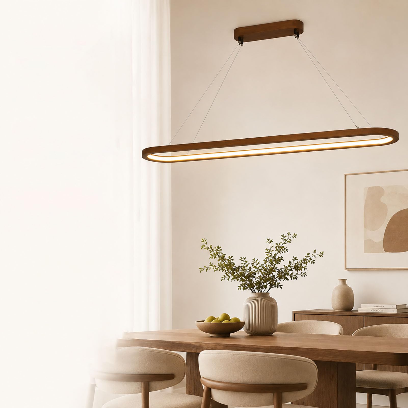 Lampada a Sospensione LED in Legno e Acrilico, Lampada Moderna Dimmerabile con Telecomando, 3000–6000 K, Altezza Regolabile Fino a 100 cm, per Cucina, Tavolo da Pranzo e Soggiorno,B,90cm