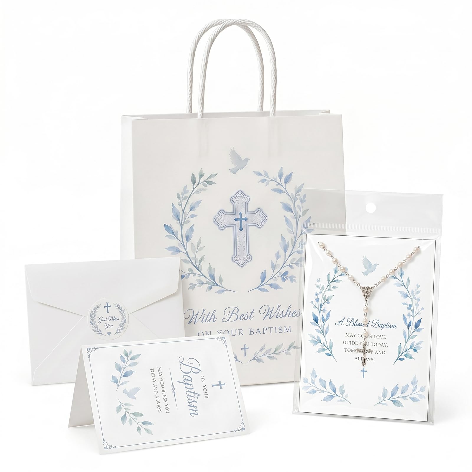 Baptism Gifts For Girls Boys, Rosary Necklace Set With Greeting Card, Blue.