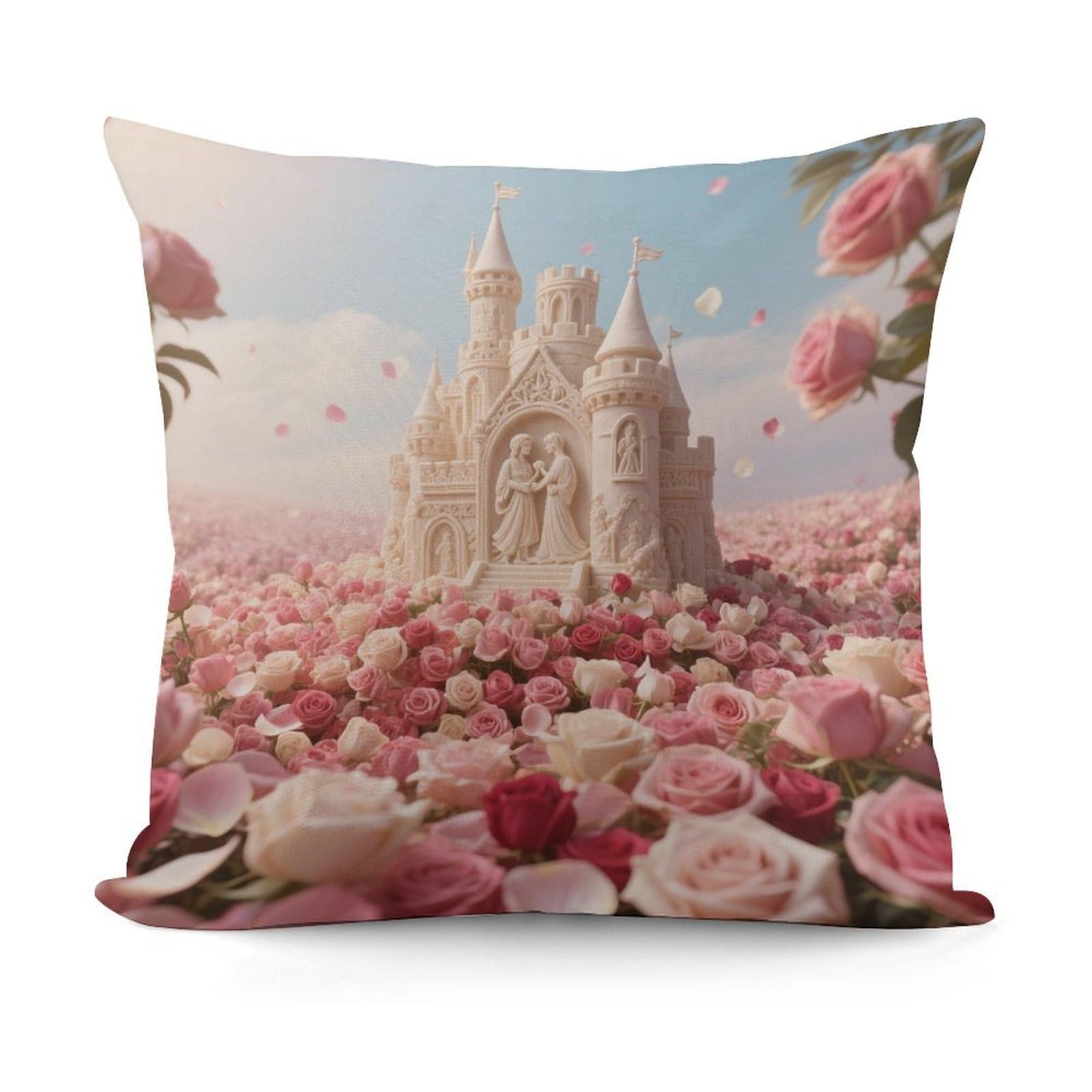 VstaDank Rose Flower Sea with Castle Pillow Cover with Invisible Zipper Square Throw Pillowcase Plush Couch Sofa Pillow Case 18x18 Inch Decorative Throw Cushion Covers for Sofa Living Pillowcover