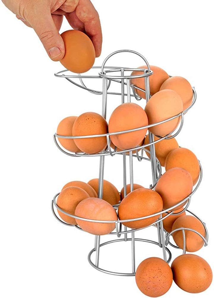 Steel Egg Skelter Dispenser Rack,Spiral Egg Holder, Save space, Egg Display Holder, Wire Chicken Egg Storage Organizer,Egg Basket for Countertop Kitchen (Silver)