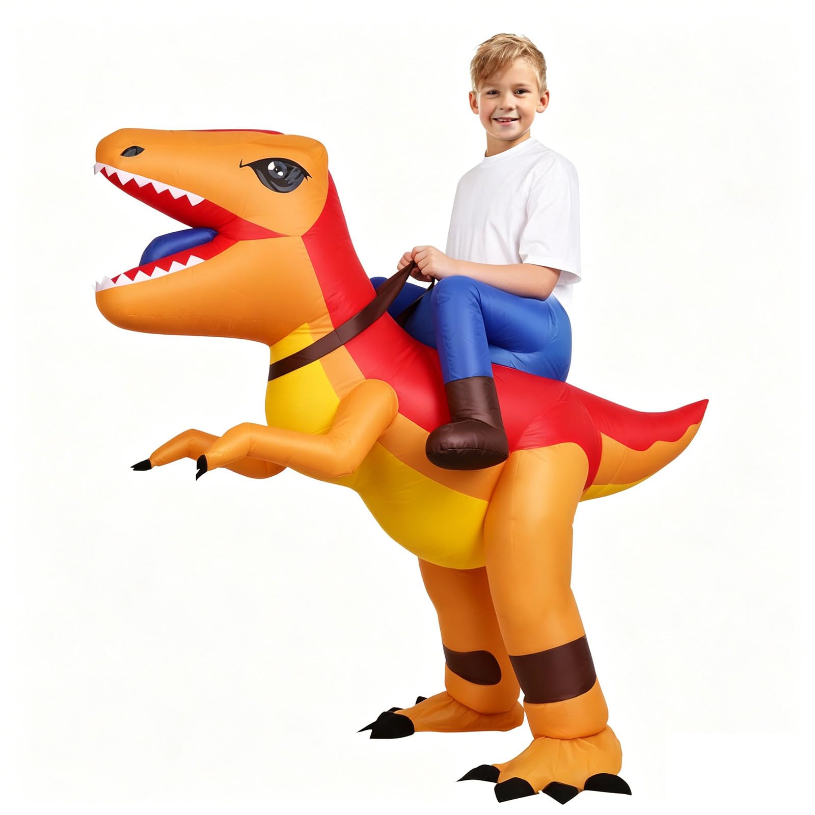 AOOWU Dinosaur Costume, Cartoon Dinosaur Inflatable Costume Tyrannosaurus Rex Blow up Fancy Dress for Adults, Funny Ride-on Green Dinosaur Halloween Costumes for Cosplay Masquerade Party, Orange