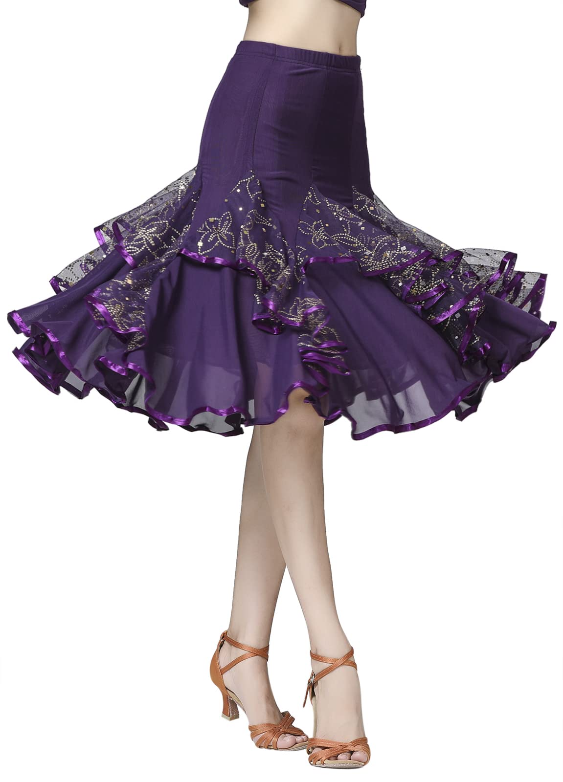 Z&X Women's C Purple Ballroom Dancing 360 Degree Long Swing Latin Salsa Rumba Flamenco Dance Skirts For Practice, One Size