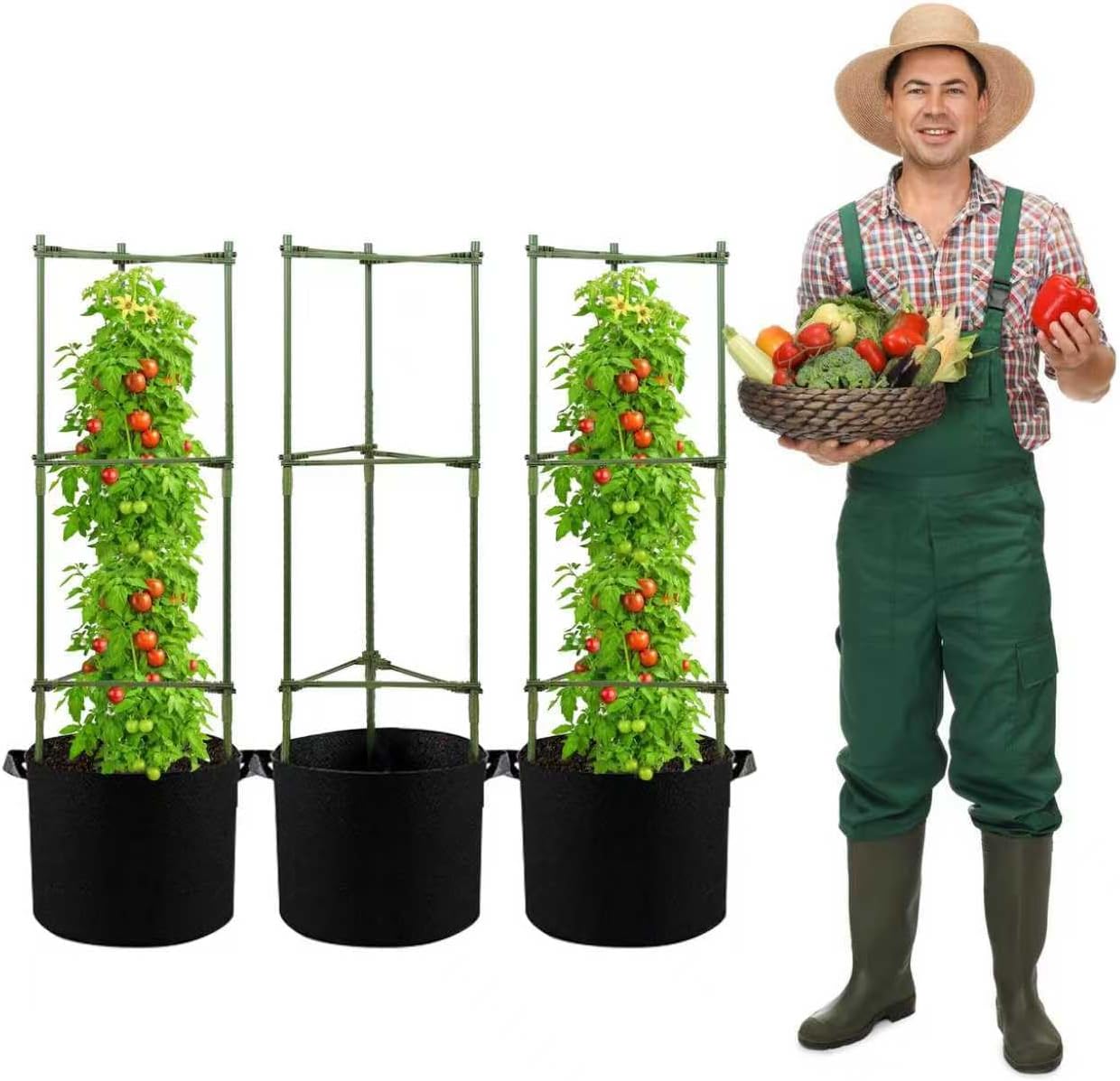 GENMOUS Tomato Cages with Grow Bags - 48 Inch Tomato Trellis for Raised Garden Bed, 3-Pack Tomato Plant Support, with 10 Gallon Plant Grow Bags, Reusable and Height Adjustable
