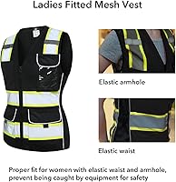 Vista 4 de Dib Safety Chaleco para mujer con bolsillos, chaleco reflectante de malla de alta visibilidad, ANSI Clase 2 fabricado con cinta reflectante 3M, Negro