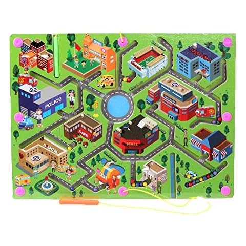 O-Toys Kids Maze Wooden Puzzle Activity Magnet Toys Beads Board Game Play Set for Boys Girls Learning Education Toy with Magnetic Wand for Toddlers Infants Preschool Children (City Traffic) Cover
