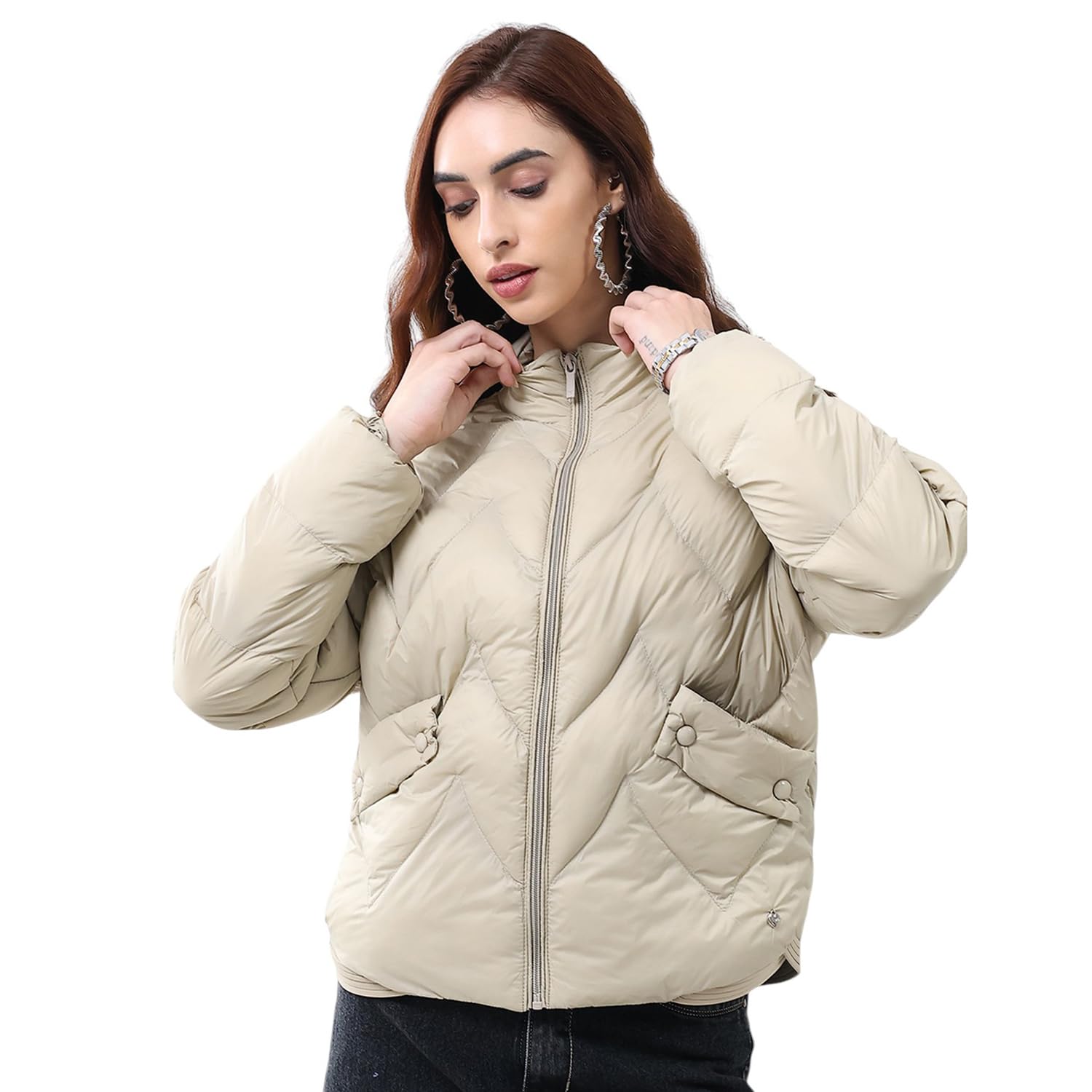 Women's Baggy Fit Jacket | Mock Neck Zip Closure | Solid Design | Warm Full Sleeves Fashion Winter Jacket For Women's (Pack Of 1)-image-4
