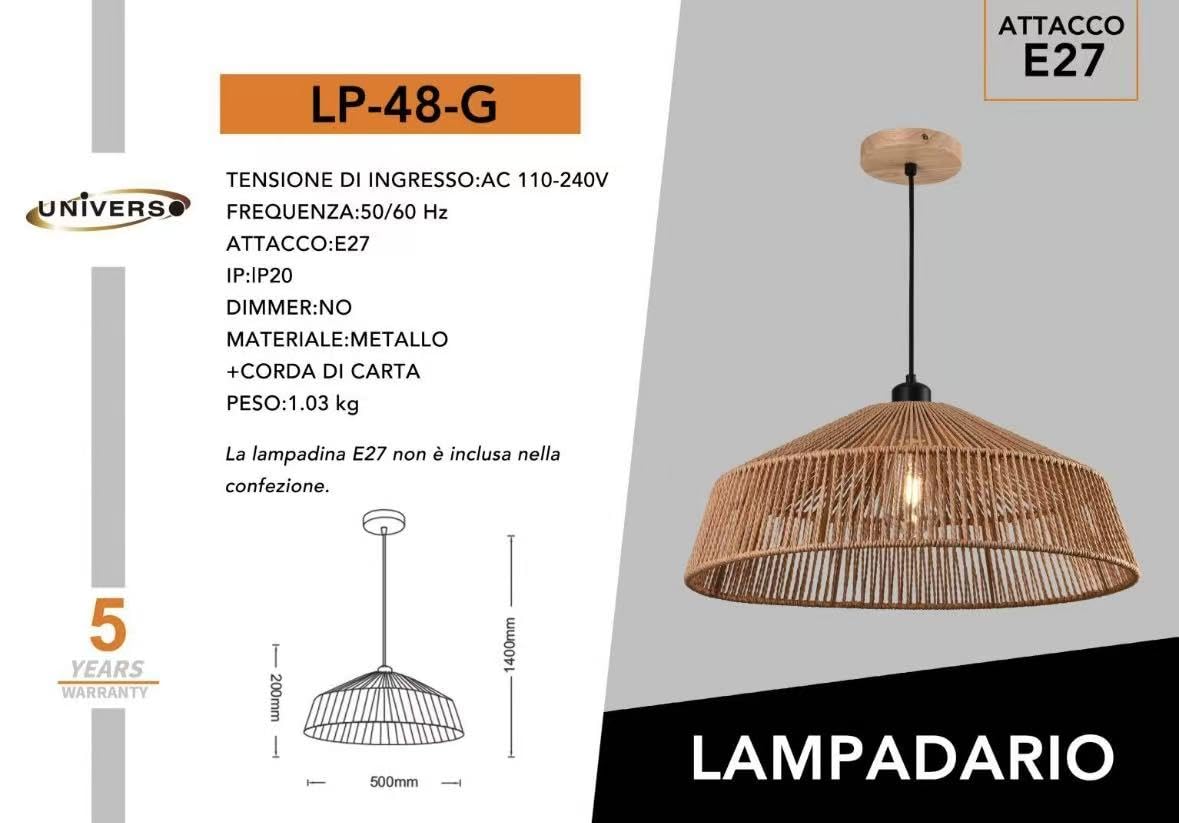 Lampadario a Sospensione in Stile Boho 40/50cm, Paralume in Rattan/Filo di Corda, Attacco E27, Altezza Regolabile, Illuminazione per Cucina Soggiorno Sala da Pranzo – Naturale LP-48 (G 50CM)