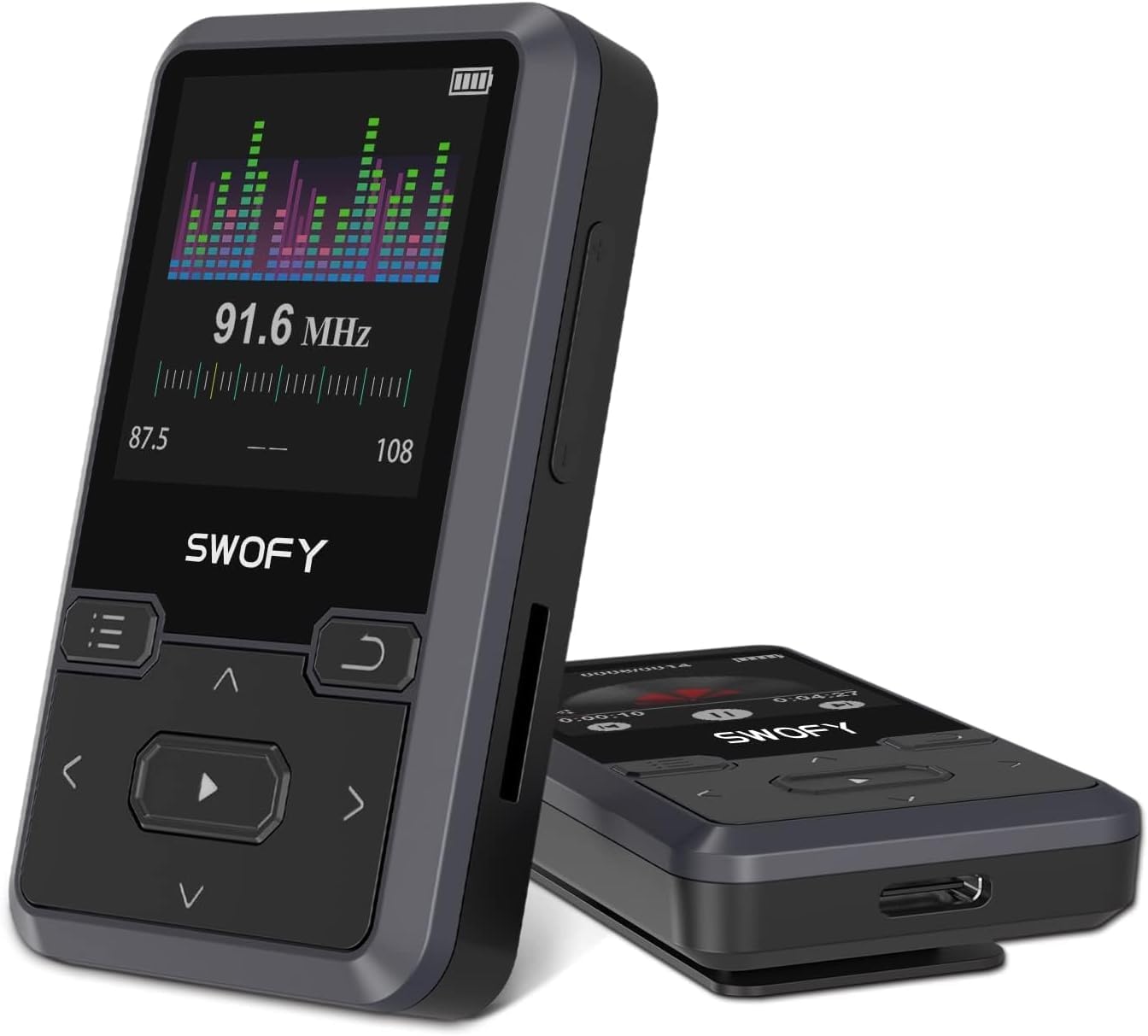 SWOFY Lettore MP3 Bluetooth 5.0 con clip sportiva, mini lettore musicale portatile da 32 GB, con cuffie, radio FM, contapassi, registrazione vocale, supporta scheda SD fino a 128 GB (nero)