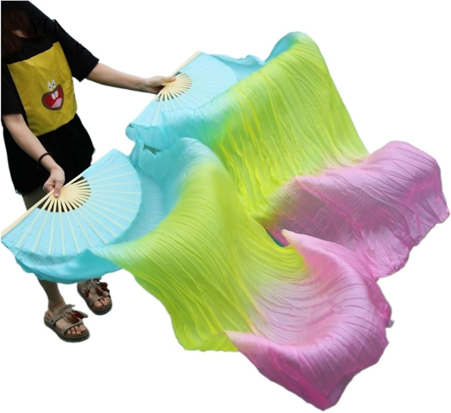 1 Pair Real Silk Belly Dance Fans Handmade Dyed Long Performance
