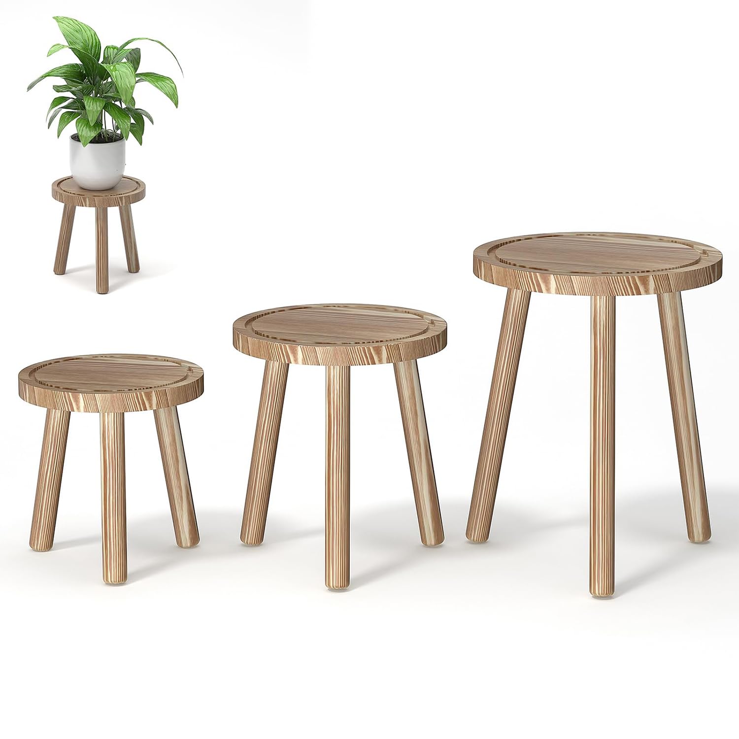 FUSHITON 3 Banquitos para Plantas Redondos de Interior, Juego en Marrón Claro, Mesa Jardinería & Soporte Esquina, Estante Alto para Dormitorio, Oficina