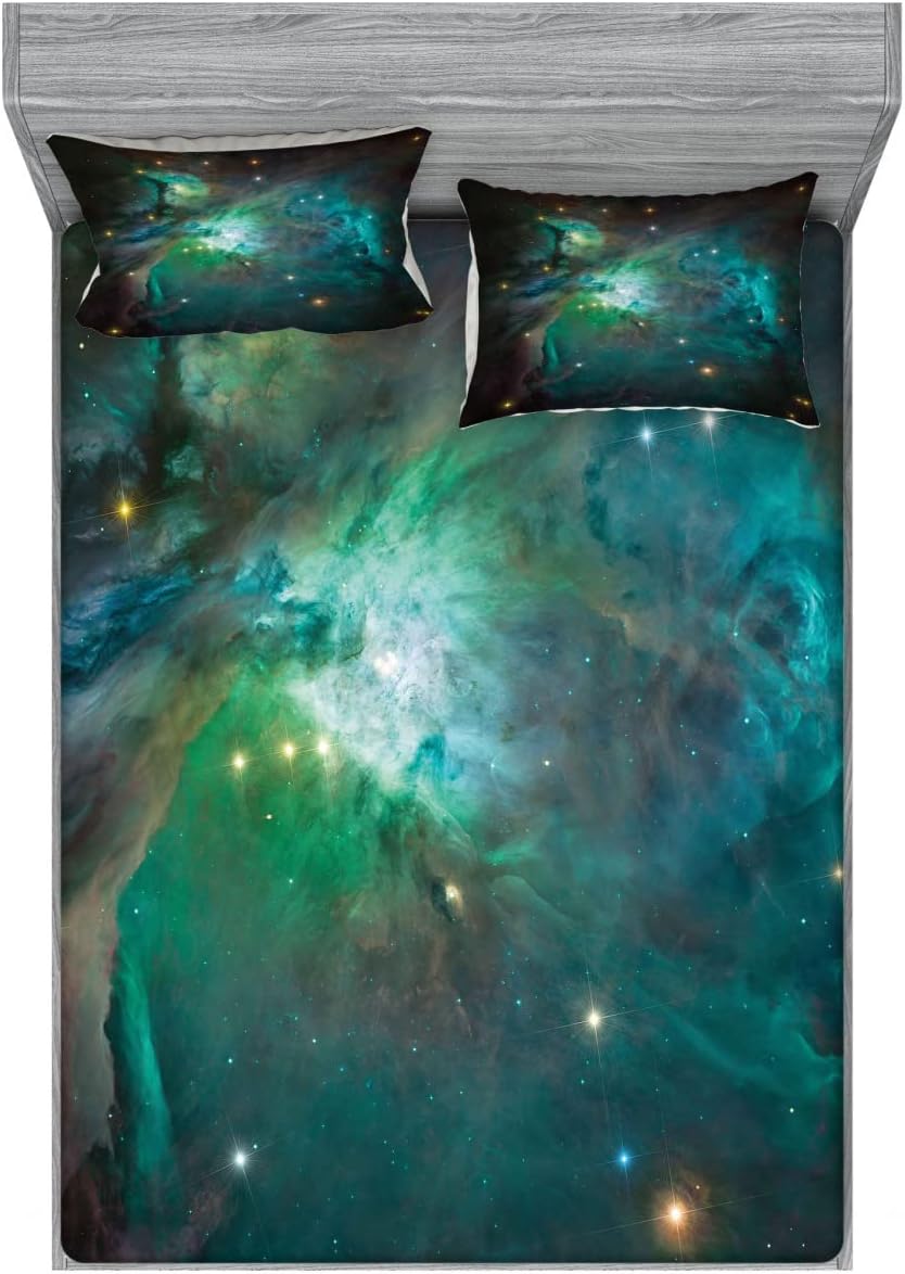 Ambesonne Space Fitted Sheet & Pillow Sham Set, Majestic Orion Nebula Dust Cloud Celestial Energy Plasma Astronomical Object Picture, Decorative Printed 6 Piece Bedding Decor Set, Queen, Green Teal