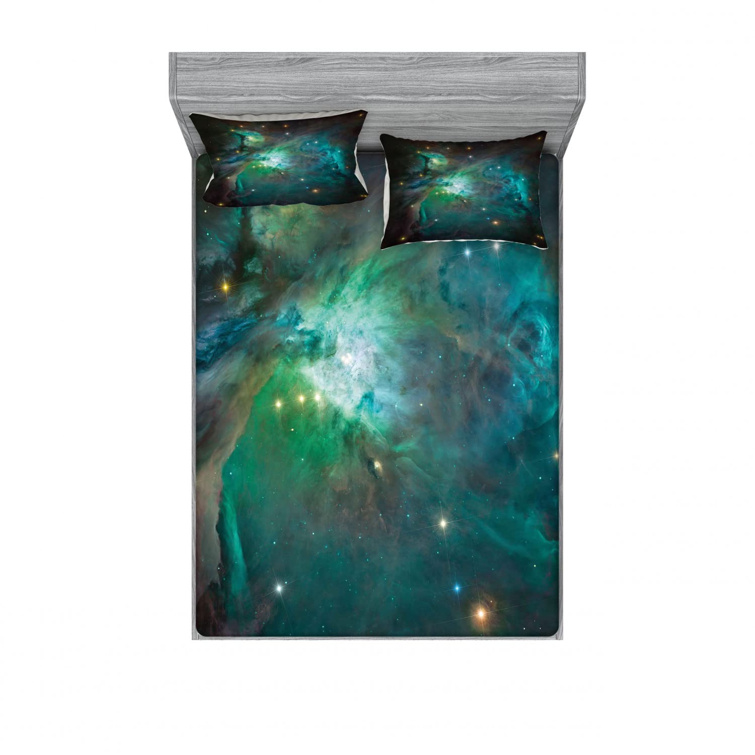 Ambesonne Space Fitted Sheet & Pillow Sham Set, Majestic Orion Nebula Dust Cloud Celestial Energy Plasma Astronomical Object Picture, Decorative Printed 6 Piece Bedding Decor Set, Full, Green Teal