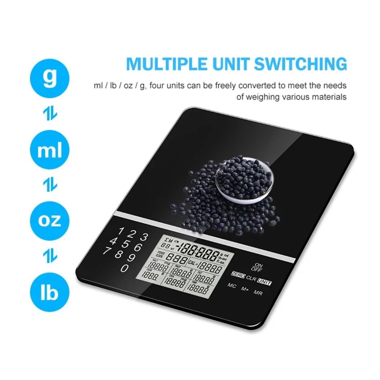 Bilancia digitale, Bilancia nutrizionale intelligente da 5 kg, bilancia digitale per alimenti touch screen in vetro temperato impermeabile per cottura al forno