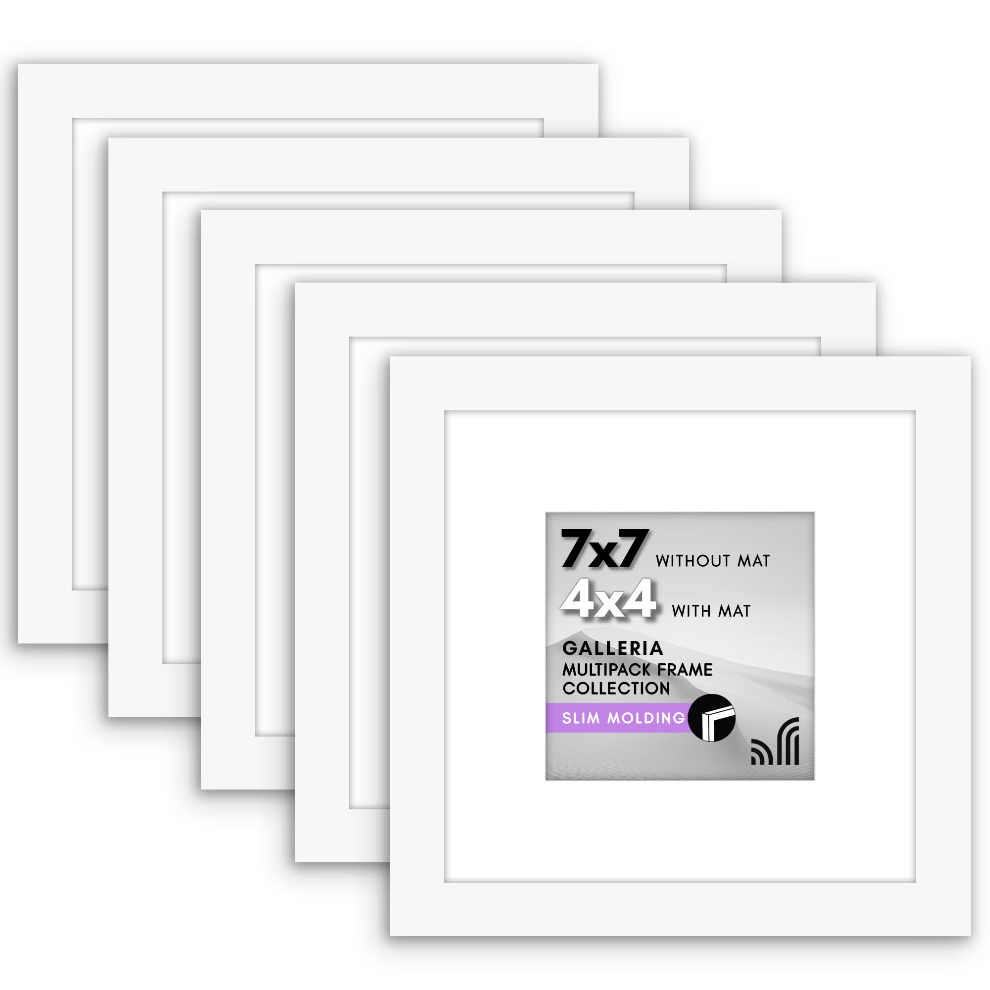 Americanflat White 7X7 Picture Frame Set Of 5 In - Use As 4X4 Picture Frame With Mat Or 7X7 Frame Without Mat - Picture Frames Collage Wall Decor With Plexiglass And Easel For Wall Or Tabletop