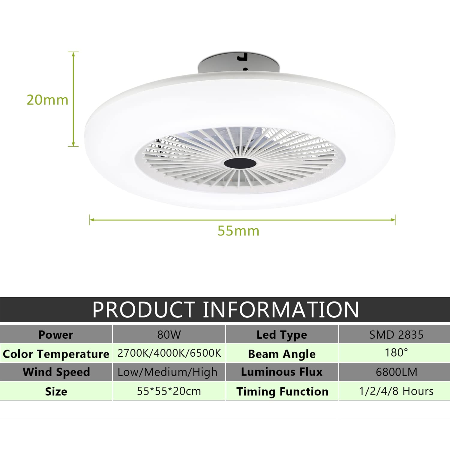 ventilador de techo LED con luz y mando a distancia, 80W LED ventilador de techo con luz Ø55cm, regulable (3000K-6500K), 3 velocidades de viento, temperatura de color ajustable, temporización