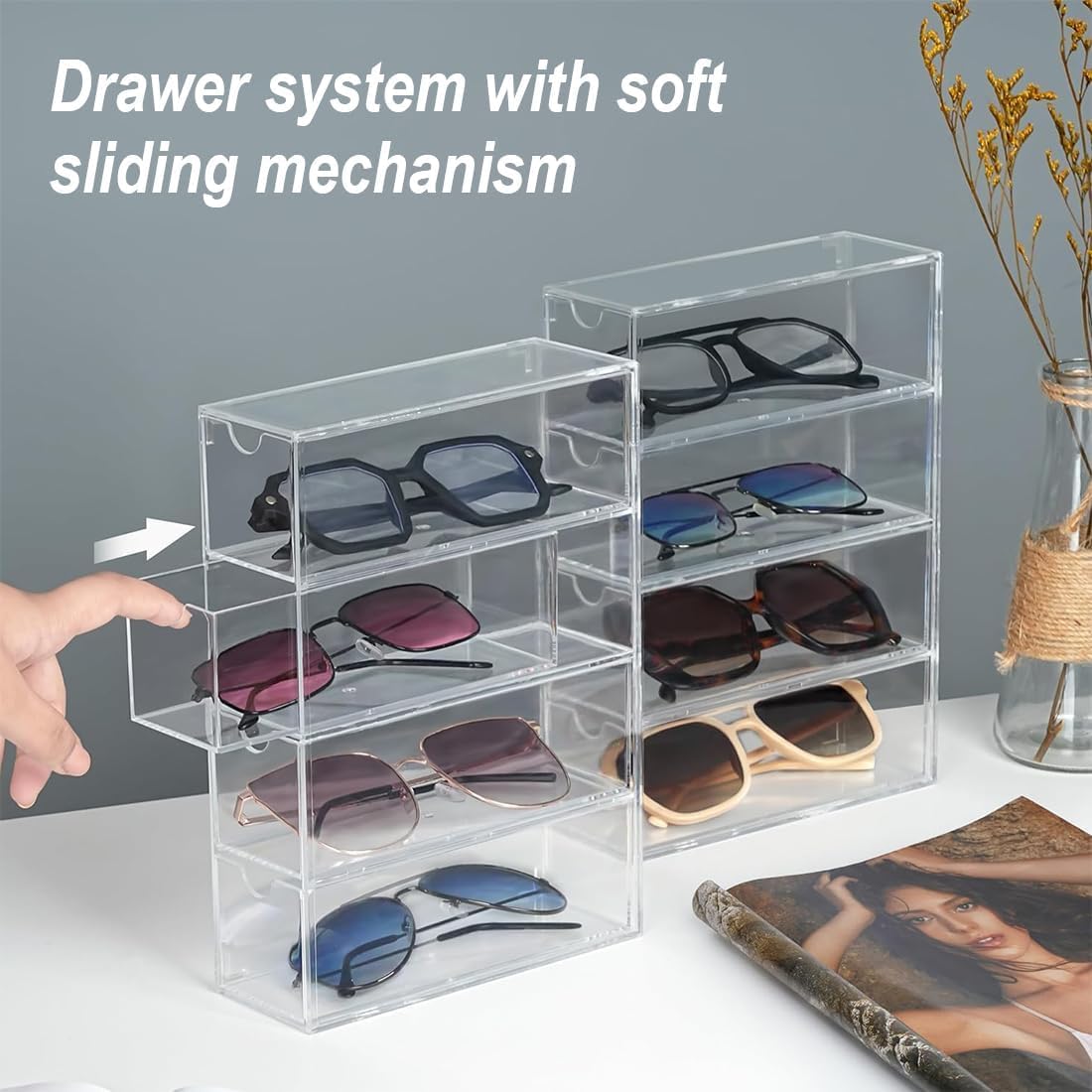 Almacenamiento de gafas de sol acrílicas - Organizador de gafas con 4 cajones para gafas múltiples, joyas, relojes - Almacenamiento de gafas de sol transparente, paquete de 2 Organizador de