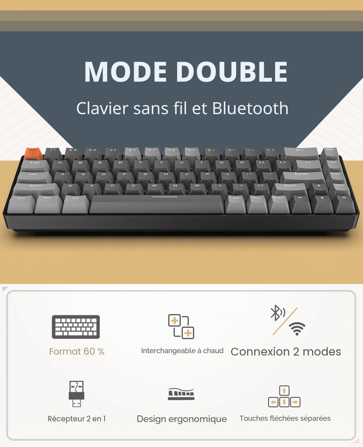 MAGIC-REFINER RK68 Clavier Gamer sans Fil, Clavier Mecanique Gaming 60%, Apex Pro Mini Double Mode Bluetooth 5.0/2.4Ghz Hot Swappable Interrupteur Rouge avec Récepteur 2 en 1 pour PC/Mac/Tablette