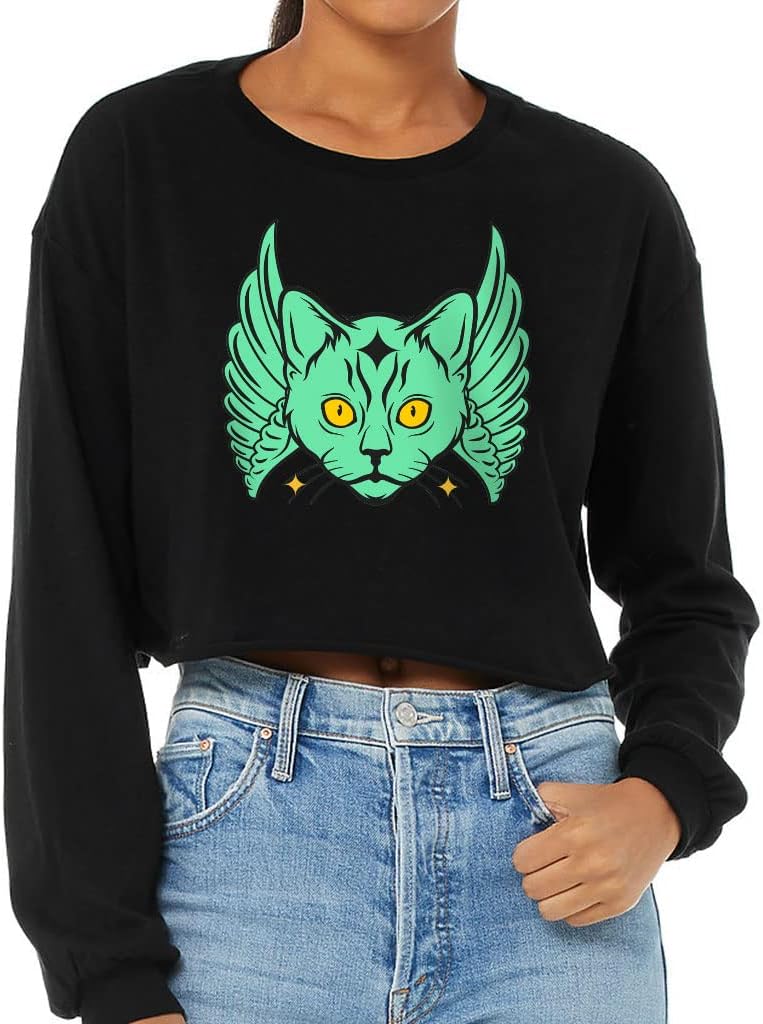 Mystic Cat Print Cropped Long Sleeve T-Shirt - Psychedelic Women's T-Shirt - Illustration Long Sleeve Tee