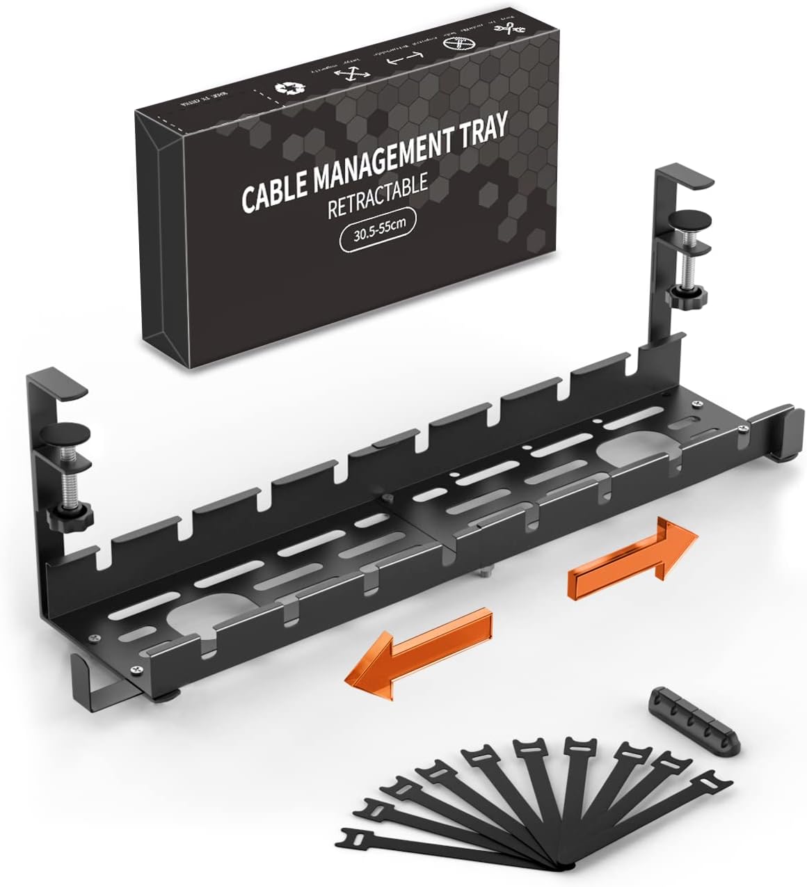 Under Desk Cable Management Tray, Retractable Adjustable 12" into 21.6" No Drill Wire Organizer, Metal Cord Tray Basket with Cable Holder Ties for Office Home Desk Cable Hider