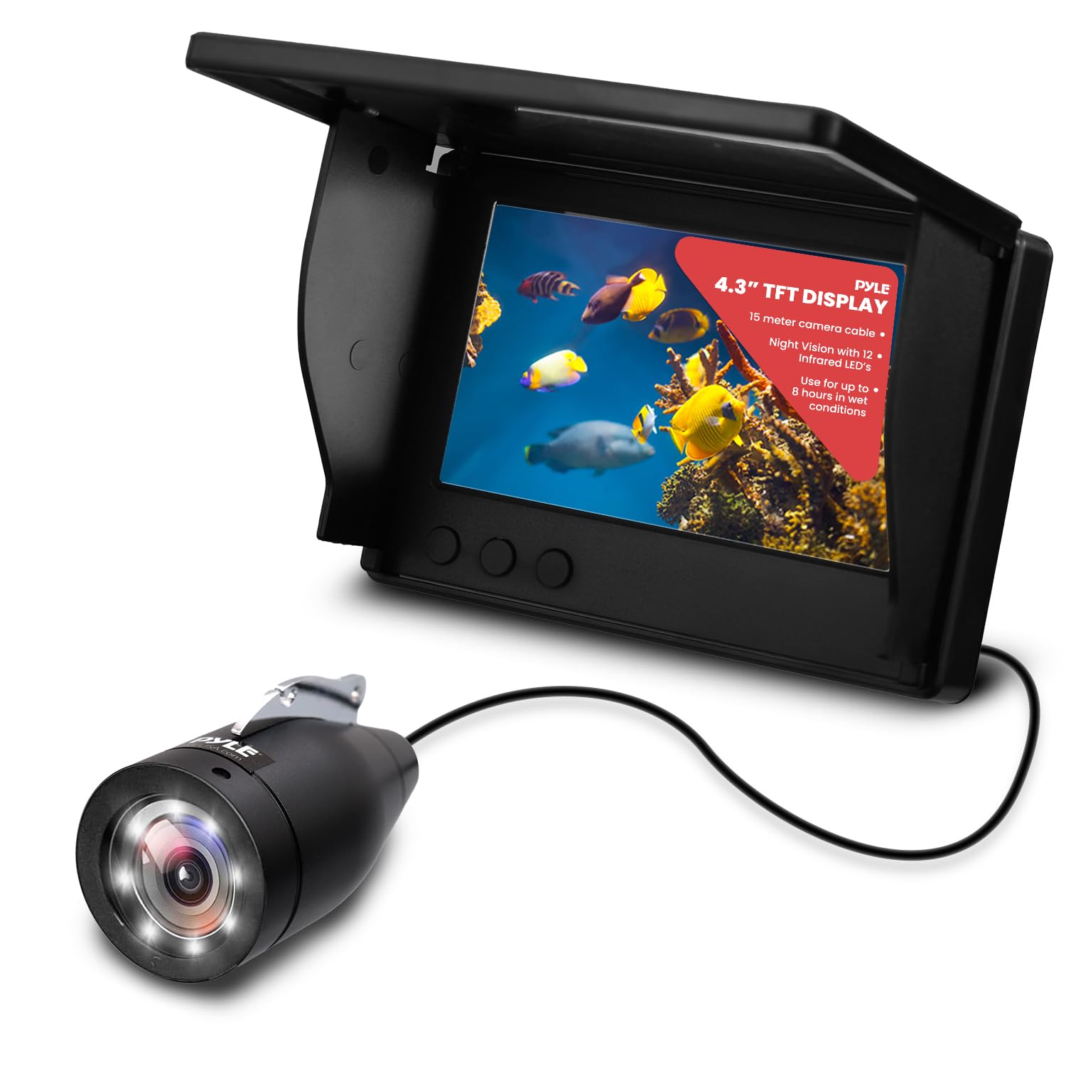 Pyle 4.3'' Portable LCD Monitor Underwater Fishing Camera - 1000TVL Waterproof Fish Finder with 12 Infrared LED Lights, IP68 Water-Resistant, Ice/Ocean/Lake Fishing, Carrying Case Included (Black)