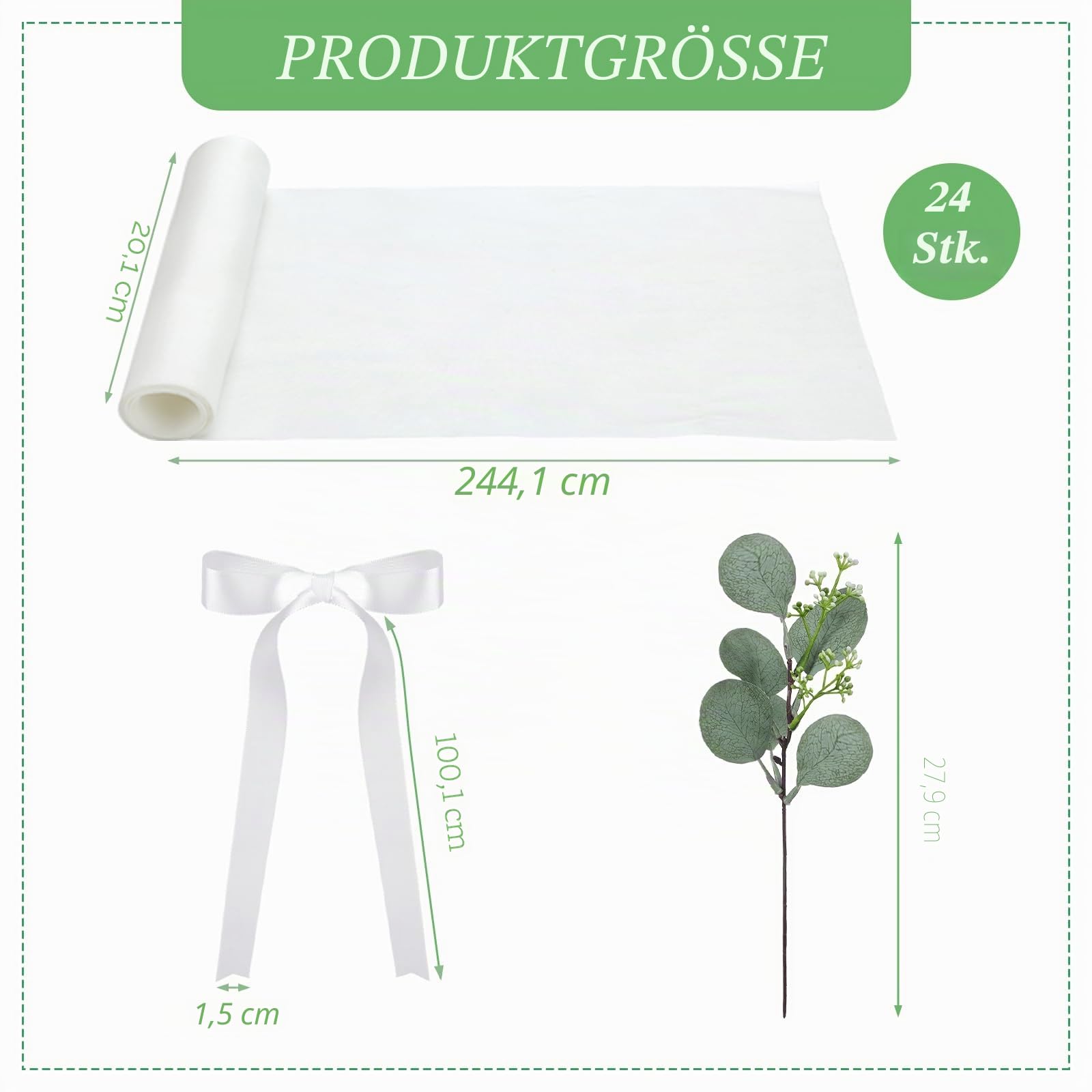 VitalCozy 24 Stück Hochzeit Gang Dekorationen für Hochzeitszeremonie Chiffon Stuhl Schärpen mit Bändern und künstlichem Eukalyptus Stiel Dekor für Hochzeit Kirche Stuhl Gang Bulk Dekorationen