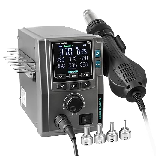 SUGON 8620DX 220V Digital Hot Air Rework Station 1300W,212℉-845℉ Adjustable Temperature C/F,4 Memory Storage,6 Air Nozzle,SMD Hot Air Station with Quick Change High Temperature Air Nozzle Bracket