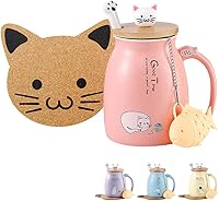 BigNoseDeer Kawaii Pink Cat Ceramic Mug with Tea Infuser, 3D Lid, Paw Spoon & Coaster - 13oz Cute Gifts for Cat Lovers