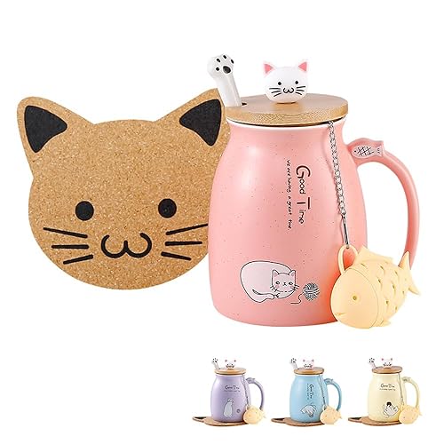 BigNoseDeer Kawaii Tea Cup with Infuser Cute Cat Mug Ceramic Coffee Mug Tea Mug Pink Cute Cool Preppy Stuff Gifts for Women Cat lover Gifts 13oz - Pink