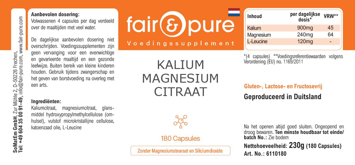 Fair & Pure® - Potassio e magnesio in capsule - Citrato di magnesio e citrato di potassio - Vegan - Minerali essenziali - 180 Capsule