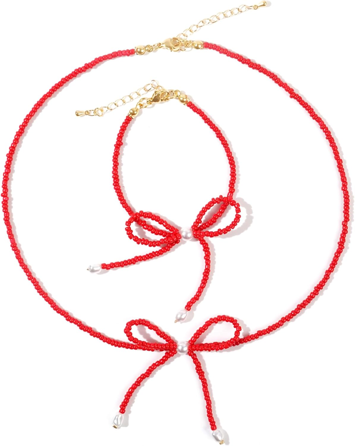 Red Beaded Bow Bracelets for Women, Dainty Cute Boho Handmade Adjustable Freshwater Pearl Beads Gold Stackable Strand Bracelet Prom Jewelry Gifts