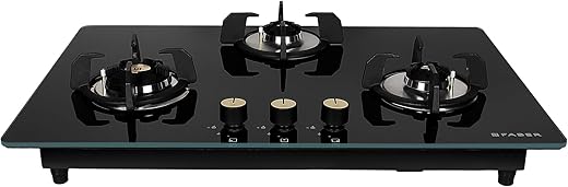 Faber Hob/Hobtop 3 Brass Burner Auto Electric Ignition Glass Top (Maxus HT783 CRS BR CI AI) Black