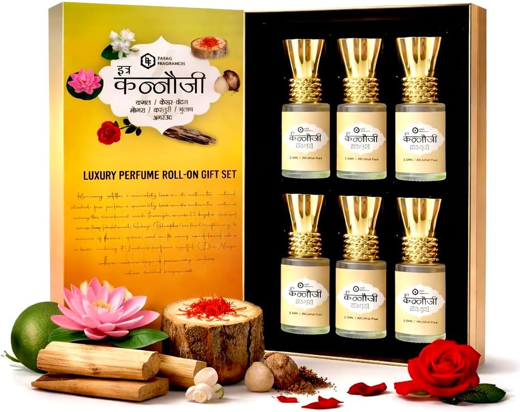- Parag Fragrances Kannauji Gift Set 6pc of 6ml Each/Gulab, Kesar-Chandan, Mogra, Agar oud, Kamal & Kasturi / 100% Alcohol Free & Natural Fragrance/Long Lasting for Pooja & Personal Use