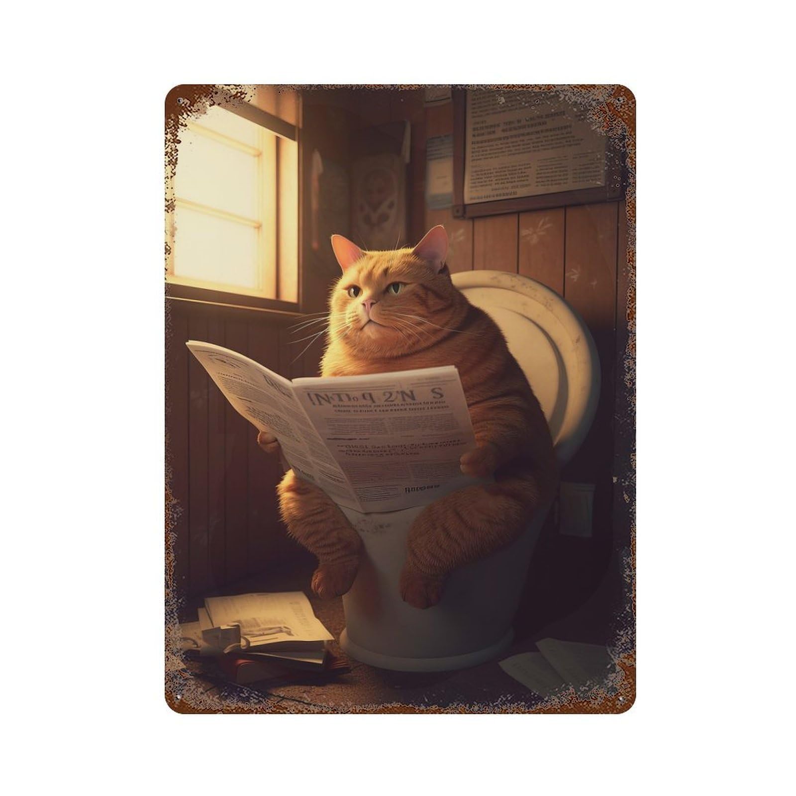 Rust Effect Fat Cat Toilet Newspaper Retro Metal Sign 15.7"x11.8", Classic Wall Plaque for Cafe, Home Bar And Lounge Decor