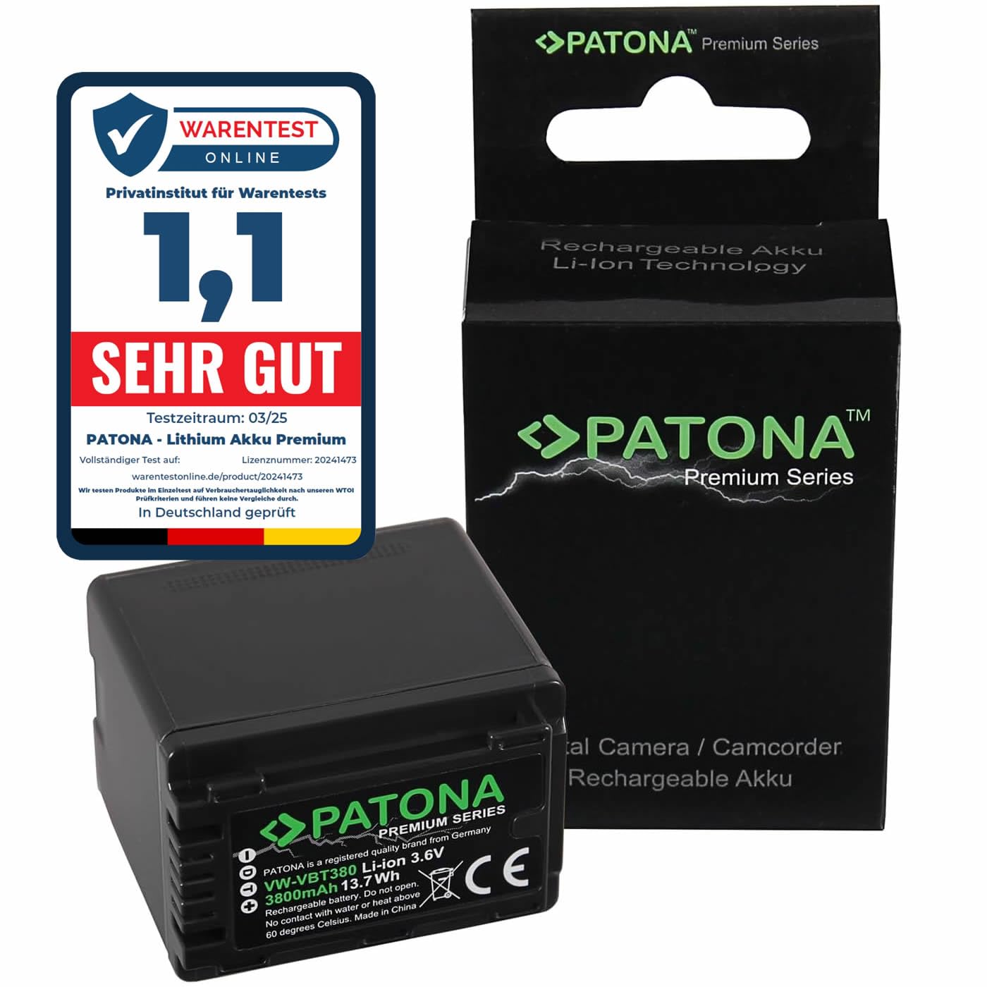 PATONA Premium VW-VBT380 Akku 3800mAh – Ersatz für Panasonic VW-VBT380 / VBT190 / VW-VBK180 / VW-VBK360 – für HC-V110 V180 V250 V380 V550 V770, VX870, VXF999, WX979, HDC, SDR – Reserve für Drehtage