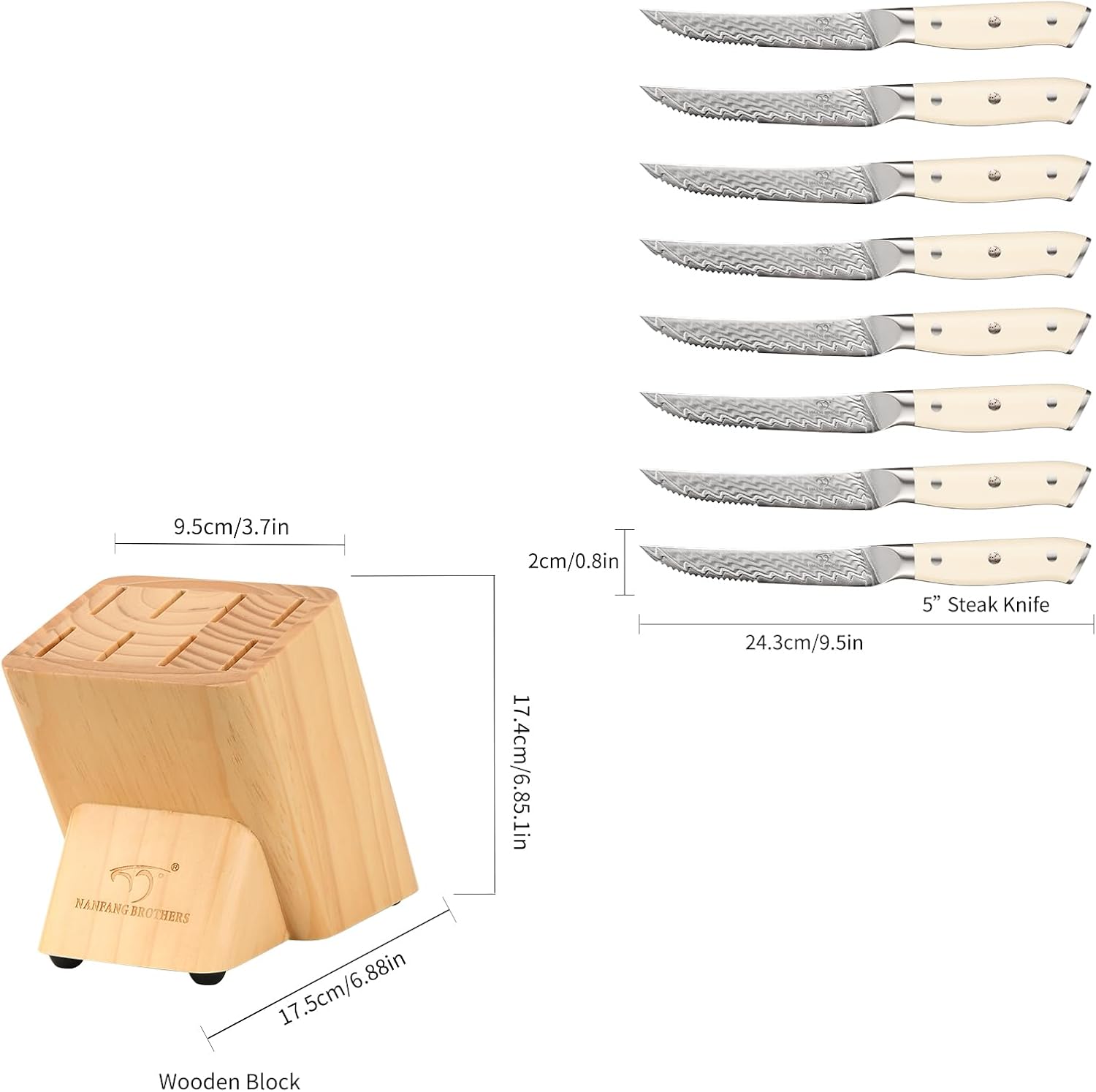 NANFANG BROTHERS Damascus Steak Knives Set of 8 with Knife Block, 5 Inch Serrated Kitchen Dinner Steak Knife Set, Full Tang Non-slip ABS Ergonomic Triple Rivet Handle for Gift, Natural Wooden Block