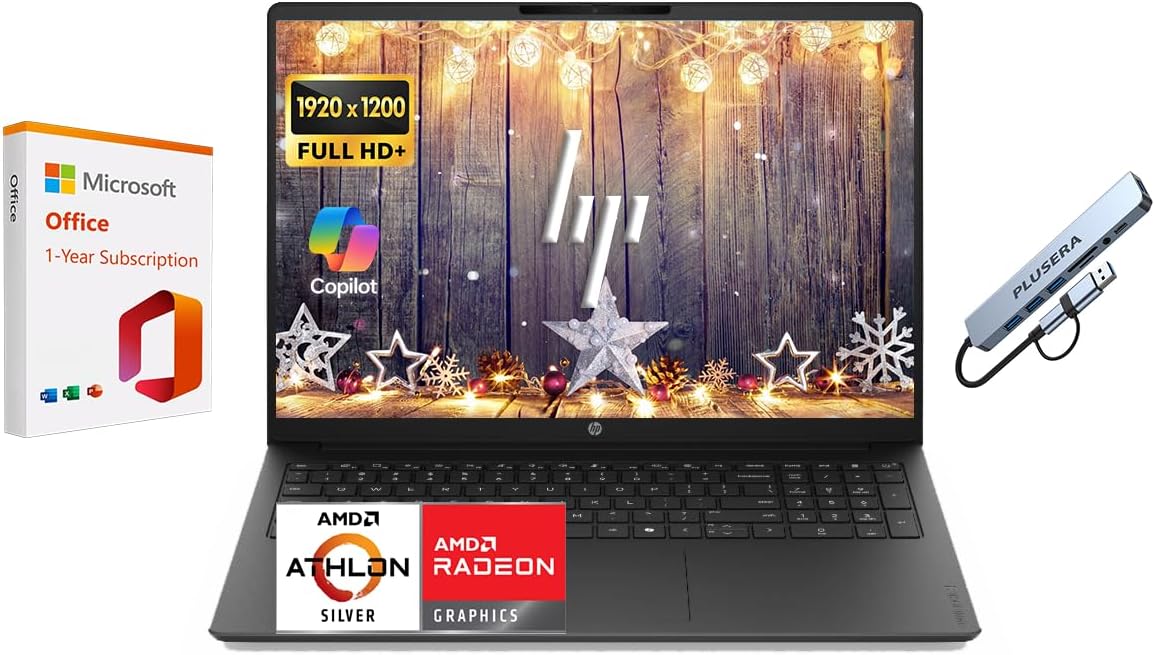 HP HP OmniBook 3 16" WUXGA Business & Student Computer with 1-Year Office 365 & Copilot AI, AMD Athlon Silver 10 Processor, 256GB SSD, 4GB RAM, Win 11 Pro, FHD Camera, PLUSERA Docking Hub, Jet Black