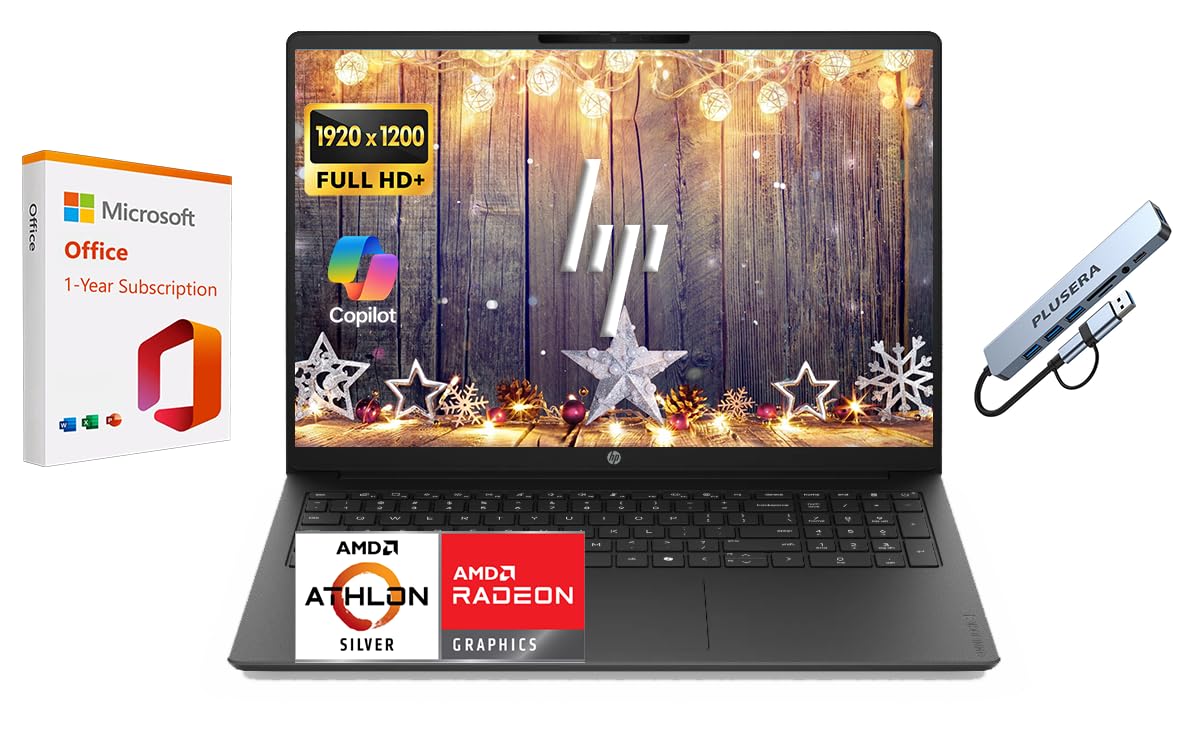 HP OmniBook 3 16" WUXGA Business &amp; Student Computer with 1-Year Office 365 &amp; Copilot AI, AMD Athlon Silver 10 Processor, 1TB SSD, 4GB RAM, Win 11 Home, FHD Camera, PLUSERA 8-in-1 Hub, Jet Black